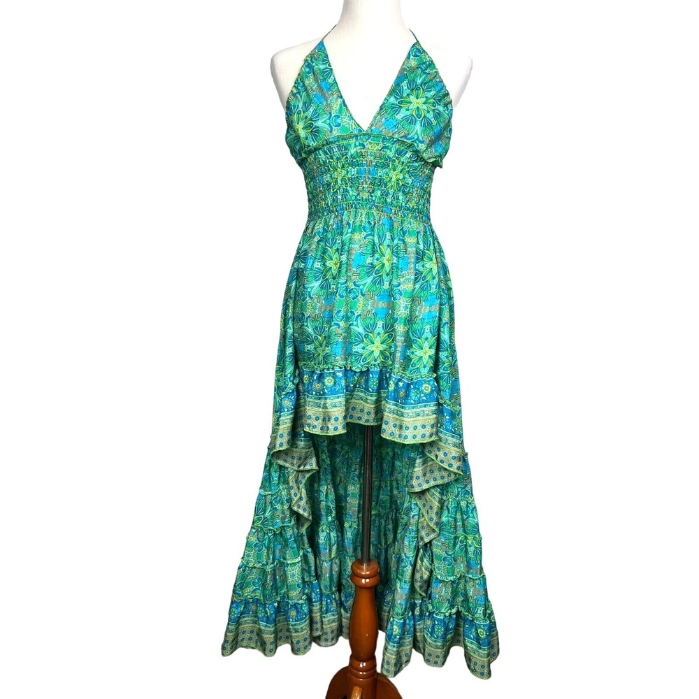 Zury Womens OS High Low Halter Dress Silk Mandala Ruffle Cruise Resort